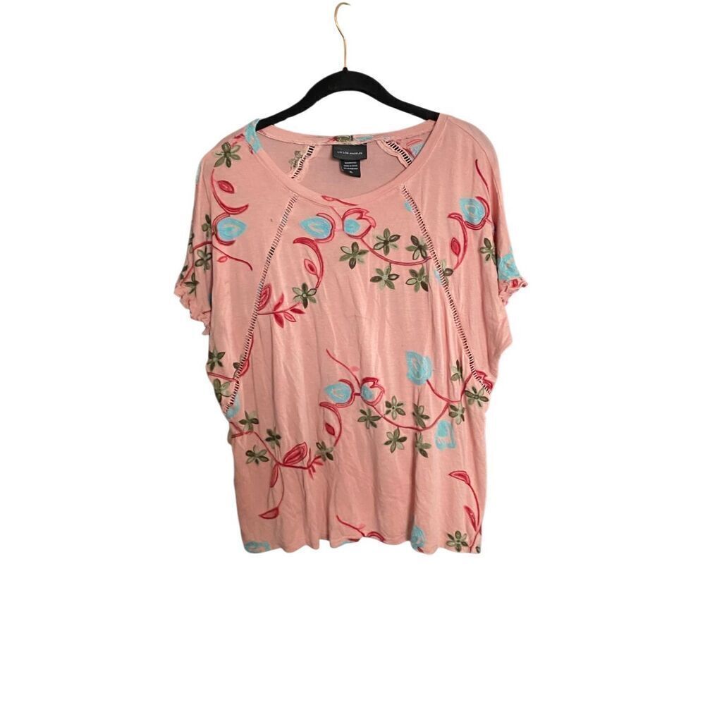 Liv Los Angeles women’s floral embroidered pink, short sleeve top size XL